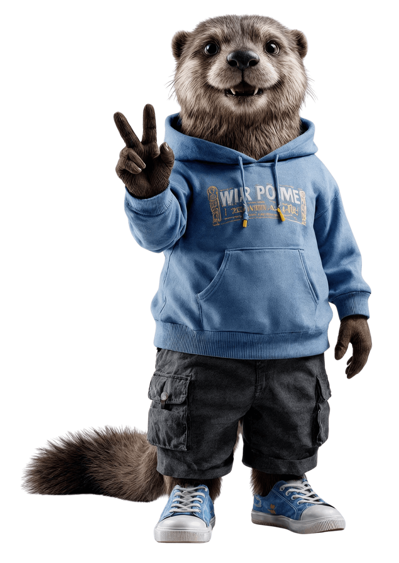 Маскот компании Code & Design в виде выдры показывающий знак Peace